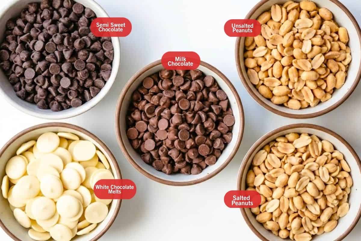 Flat lay photo of ingredient shot of semi sweet and milk chocolate, unsalted and salted peanuts, white chocolate melts.