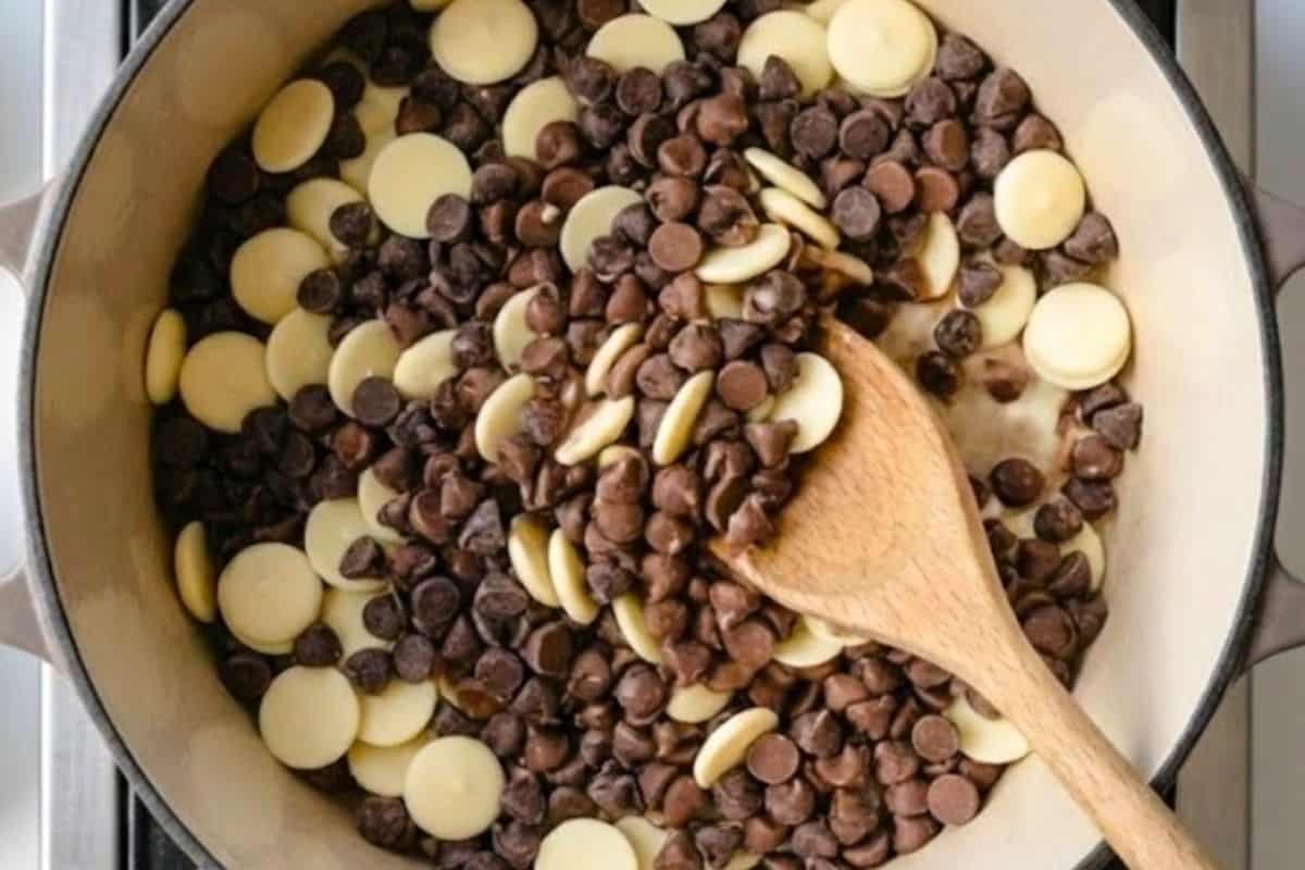 Place all of the chocolate into a heavy based pot over low heat.