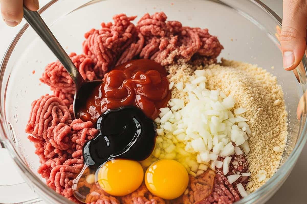Beef, eggs, ketchup, Worcestershire sauce, breadcrumbs, and onion in a bowl.