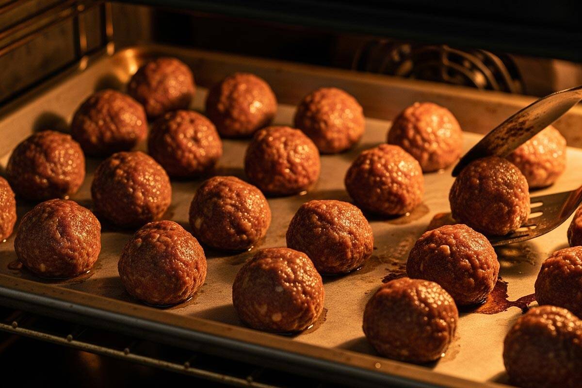Meatballs inside the oven.