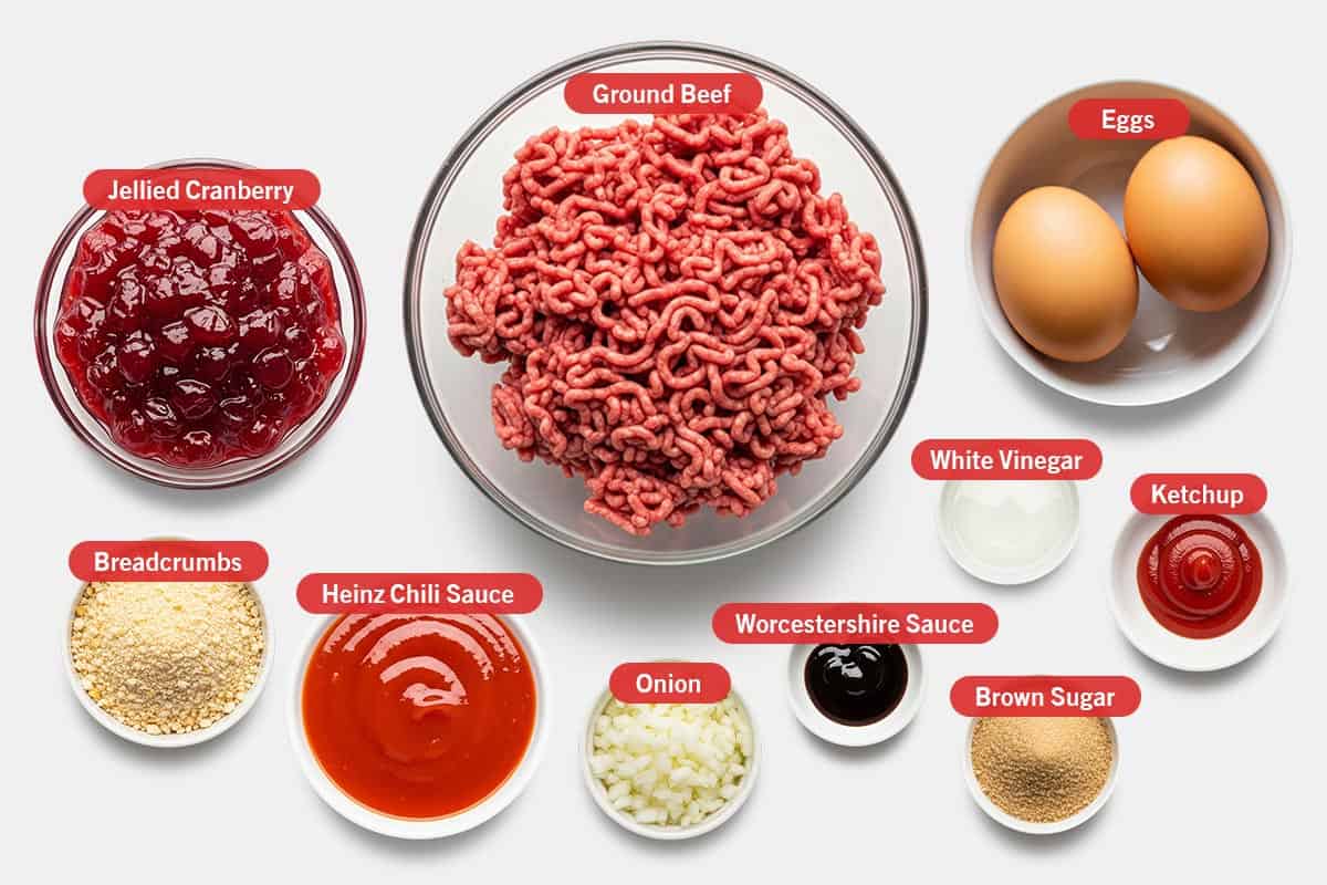 Top shot of ingredients: Jellied cranberry, ground beef, eggs, breadcrumbs, Heinz chili sauce, onion, Worcestershire sauce, wh8ite vinegar, brown sugar, and ketchup.