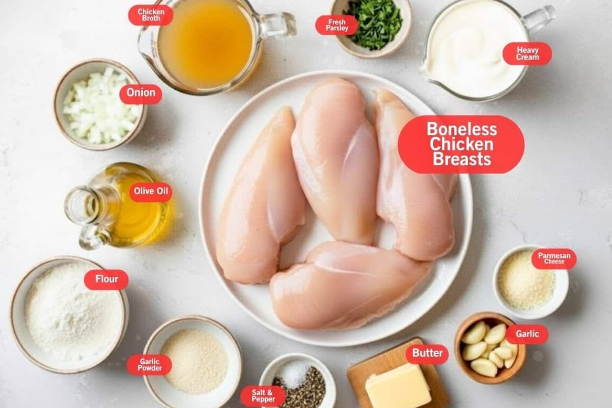Flat lay photo of ingredient shot of chicken broth, fresh parsley, heavy cream, boneless chicken breast, parmesan cheese, garlic, butter, salt and pepper, onion powder, flour, olive oil, onion