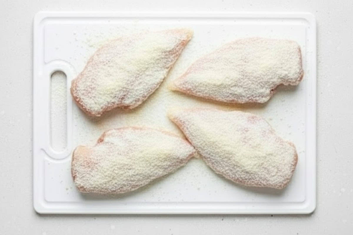  In a shallow bowl, combine the flour and Parmesan cheese and set it aside. Coat the seasoned chicken well in this mixture. 