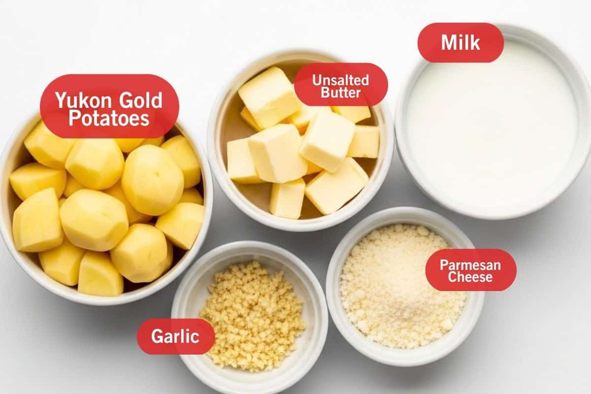 Flat lay photo of ingredient shot of Yukon gold potatoes, unsalted butter, milk, garlic, parmesan cheese