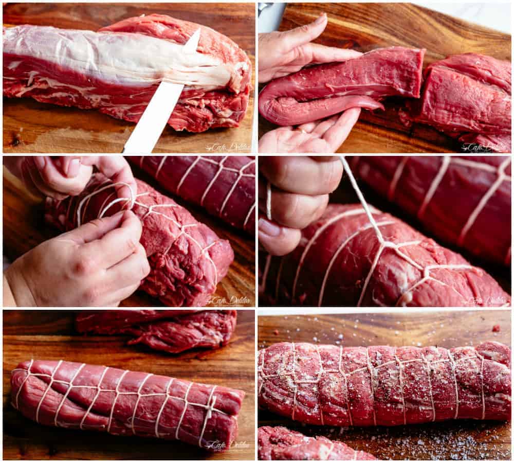 A step by step image of how to trim and tie a beef tenderloin. Image one, cutting off any large sections of fat from the tenderloin. Image two, cut tenderloin in two pieces for easier cooking. Image 3 and four display how to tie the roast with kitchen twine. Image five shows the finished tied roast. Image six the roast is tied and seasoned ready for cooking.