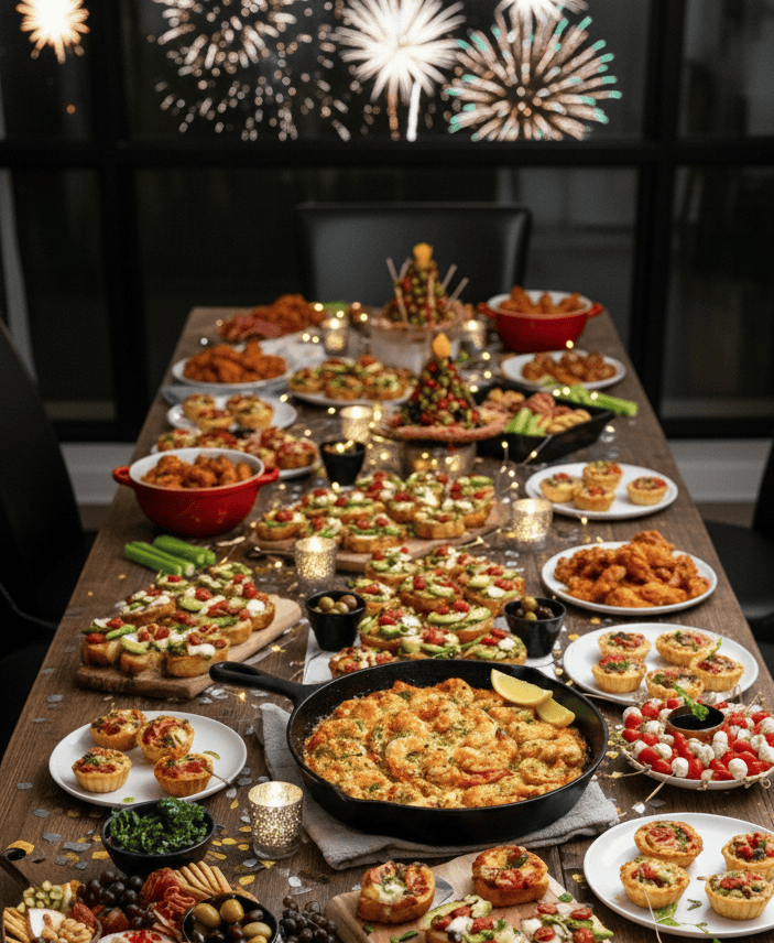 a table filled with party food and fireworks in the background celebrating NYE