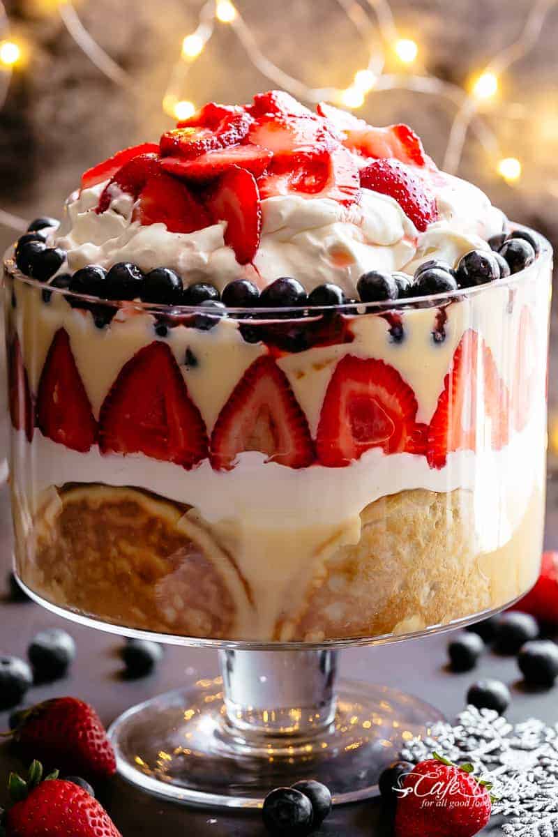 A delicious Strawberry Pancake Trifle with custard and whipped cream cheese for breakfast, brunch or dessert! | cafedelites.com
