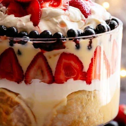 A delicious Strawberry Pancake Trifle layered with custard and whipped cream cheese for br Strawberry Pancake Trifle