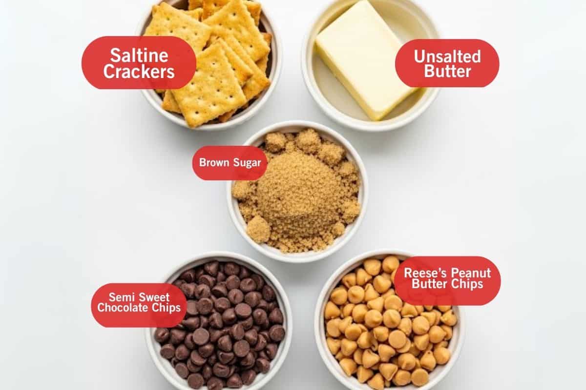 Flat lay photo of ingredient shot saltine crackers, unsalted butter, brown sugar, semi sweet chocolate chips, Reese's peanut butter chips