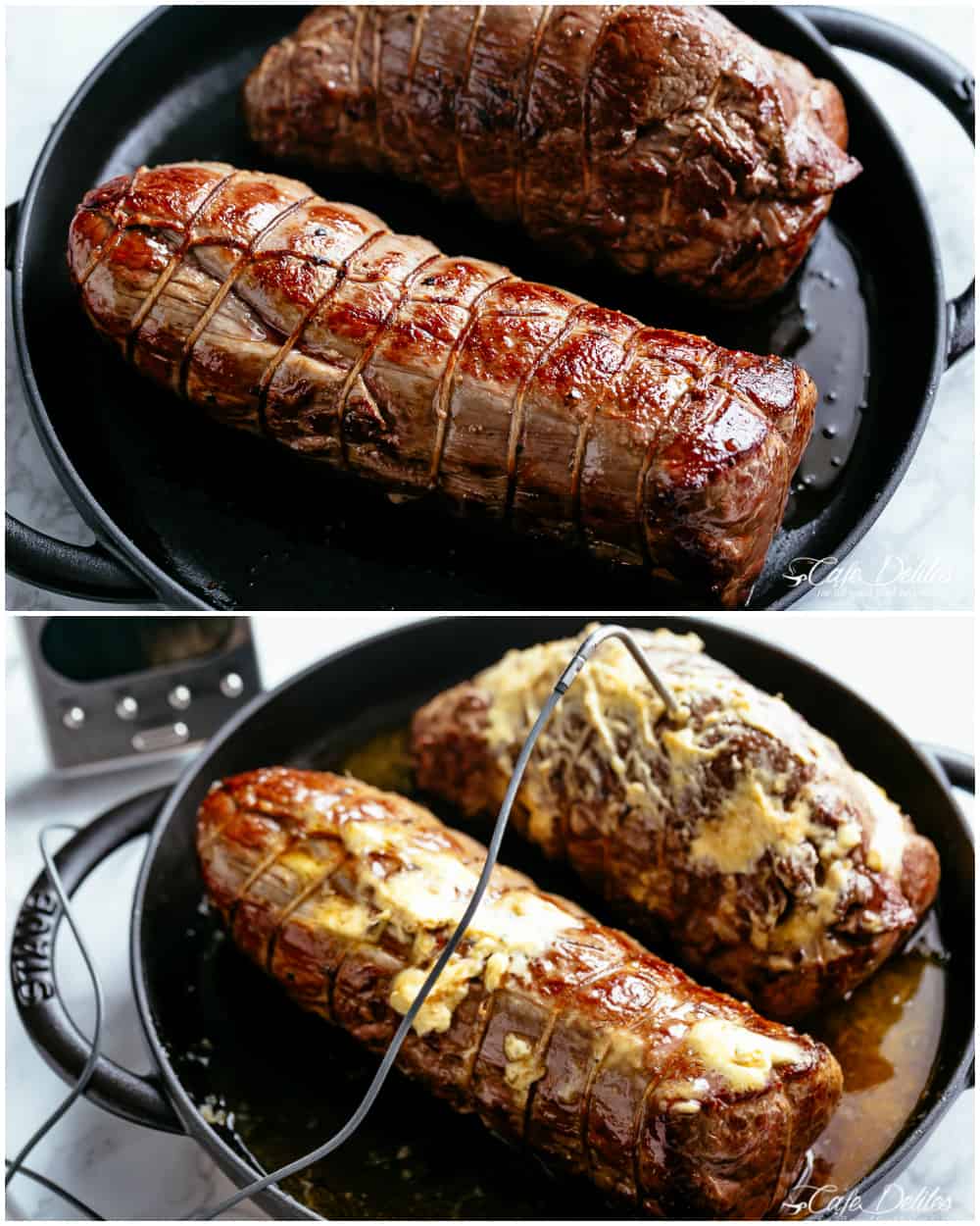 Top image shows two juicy seared beef tenderloins in a black skillet. In the bottom image one of the roasts has a temperature gage stuck into the top, both pieces of meat are slathered with a garlic Dijon butter ready to be put in the oven.