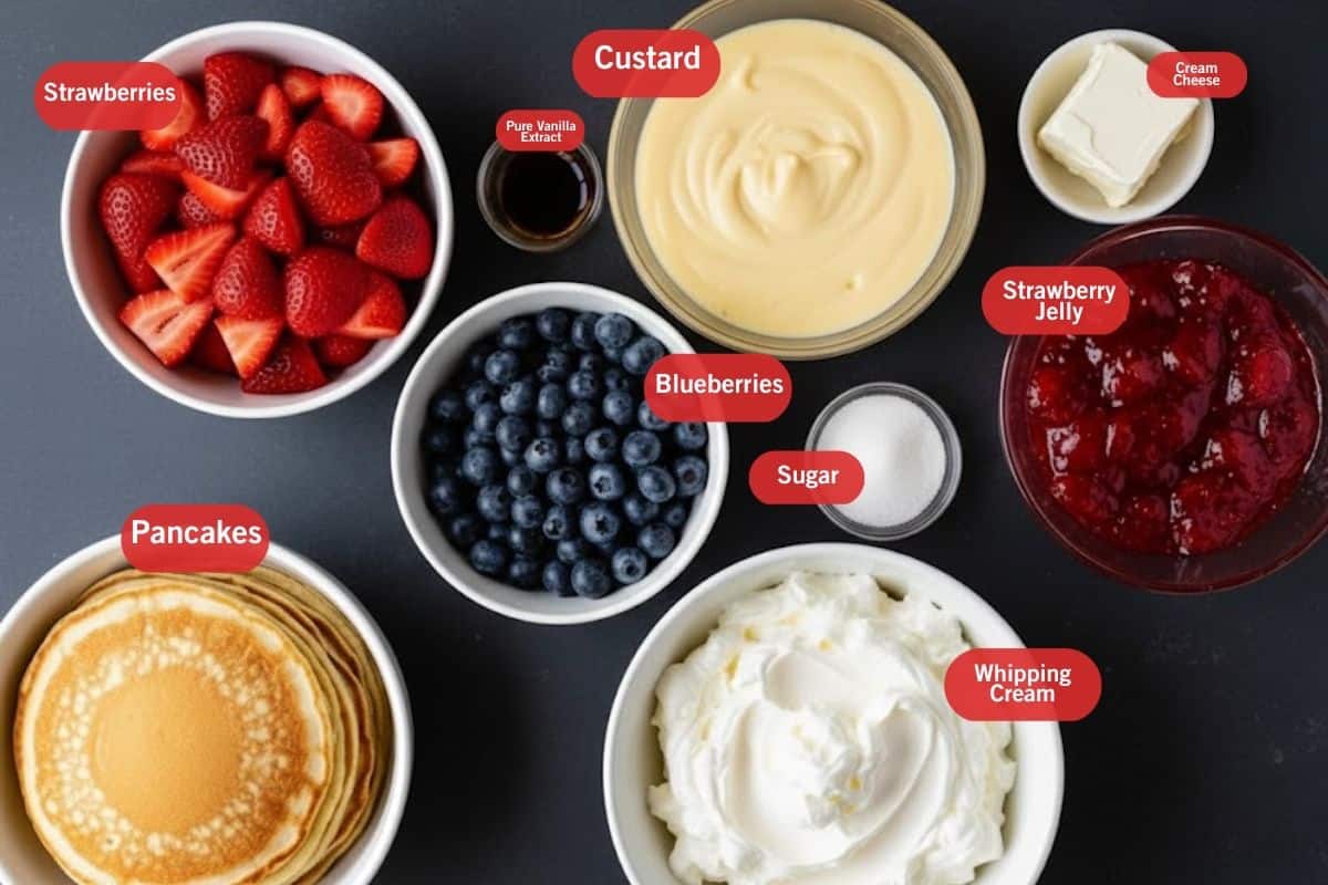 Flat lay photo of ingredient shot, strawberries, pure vanilla extract, custard, cream cheese, strawberry jelly, sugar, pancakes, blueberries - 2