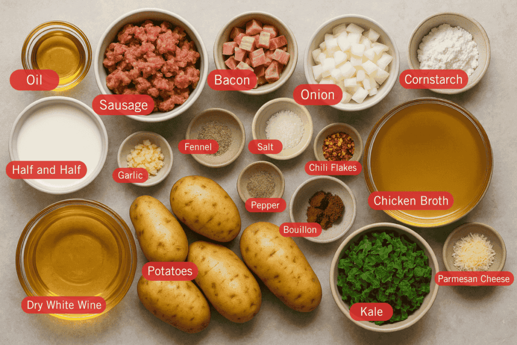 Labeled flatlay of Zuppa Toscana ingredients in bowls, including sausage, bacon, onion, potatoes, kale, cream, broth, wine, garlic, spices, cheese, and cornstarch.