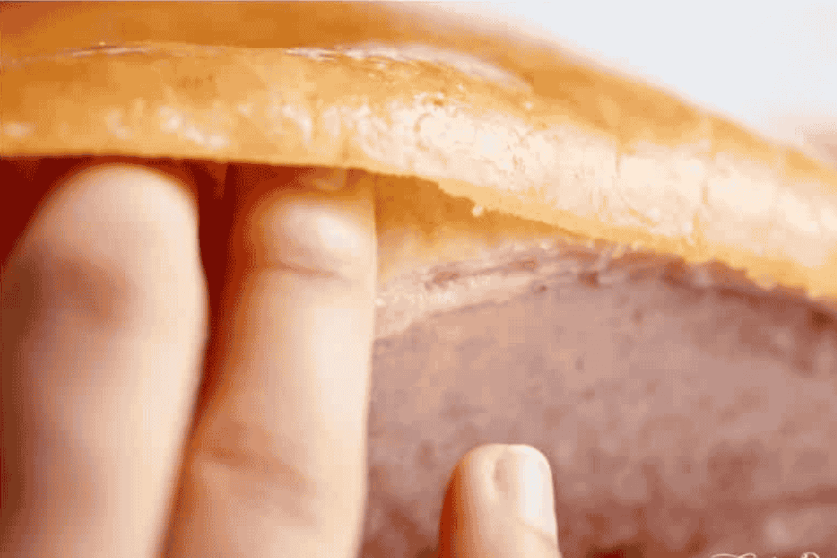 a side view of the ham showing fingers inserted under the rind and lifting it off the fat this is on the cut side of the ham