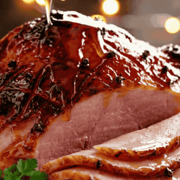 a side shot of a leg ham with slices cut out and a black brush covering it with a thick sticky clear glaze, the ham looks baked with black charred pieces speckled all over