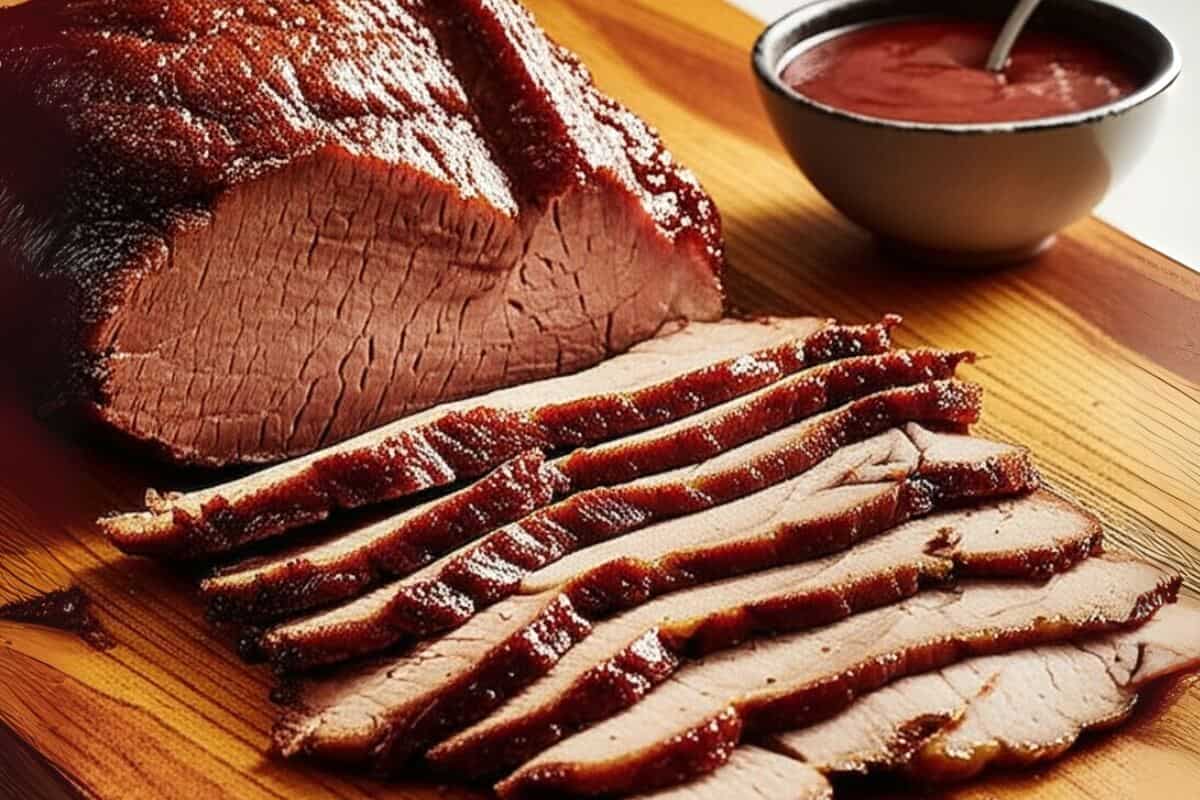 Slice the beef brisket thinly across the grain and serve with barbecue sauce.