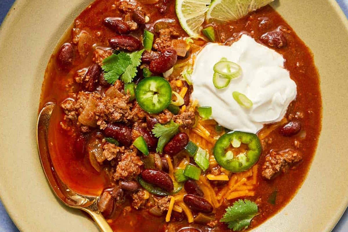 Close-up shot of Beef Chili.