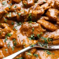 Butter Chicken (Murgh Makhani) with silver spoon