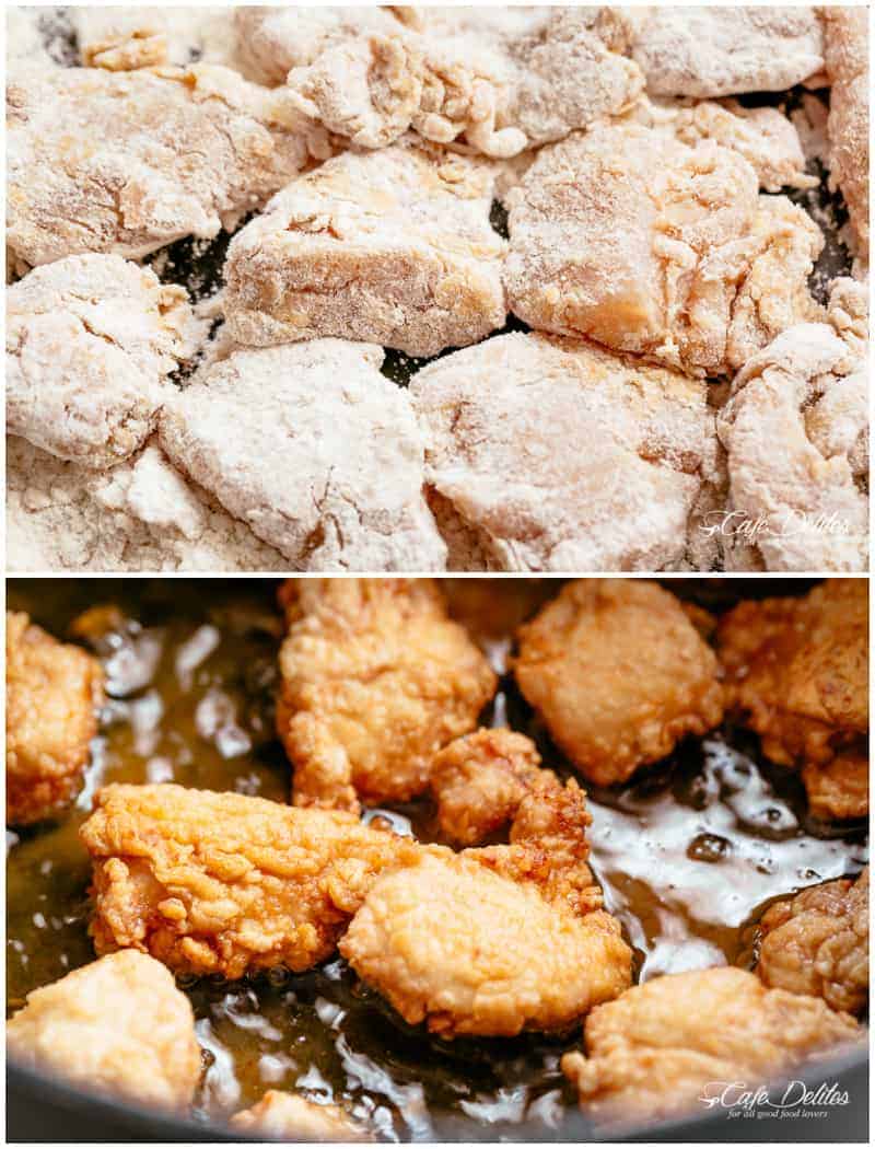 Two images: Raw chicken bites coated in a cornflour batter. Chicken bites with crispy, golden coating frying in a pan. 