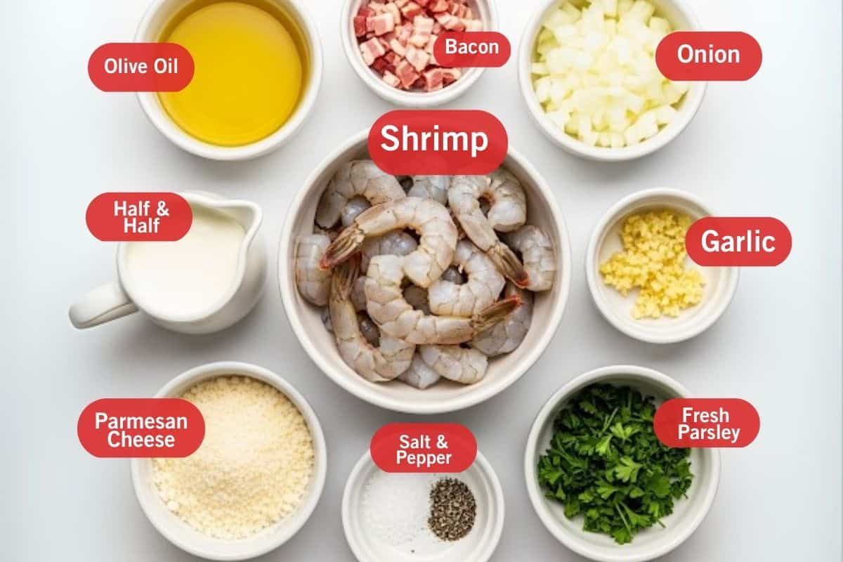 Flat lay of ingredient shot of olive oil, bacon, onion, half and half, shrimp, garlic, parmesan cheese, salt and pepper, fresh parsley