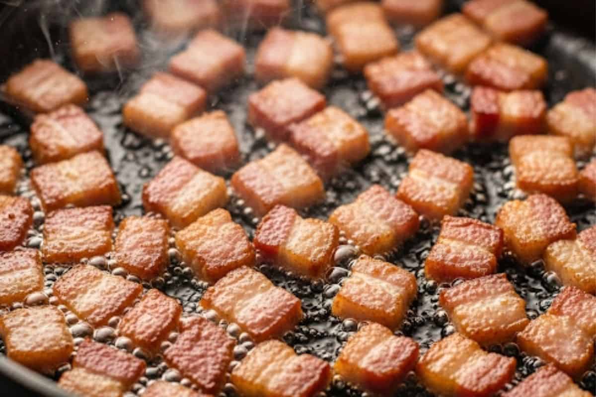 Fry the bacon until crispy in pan
