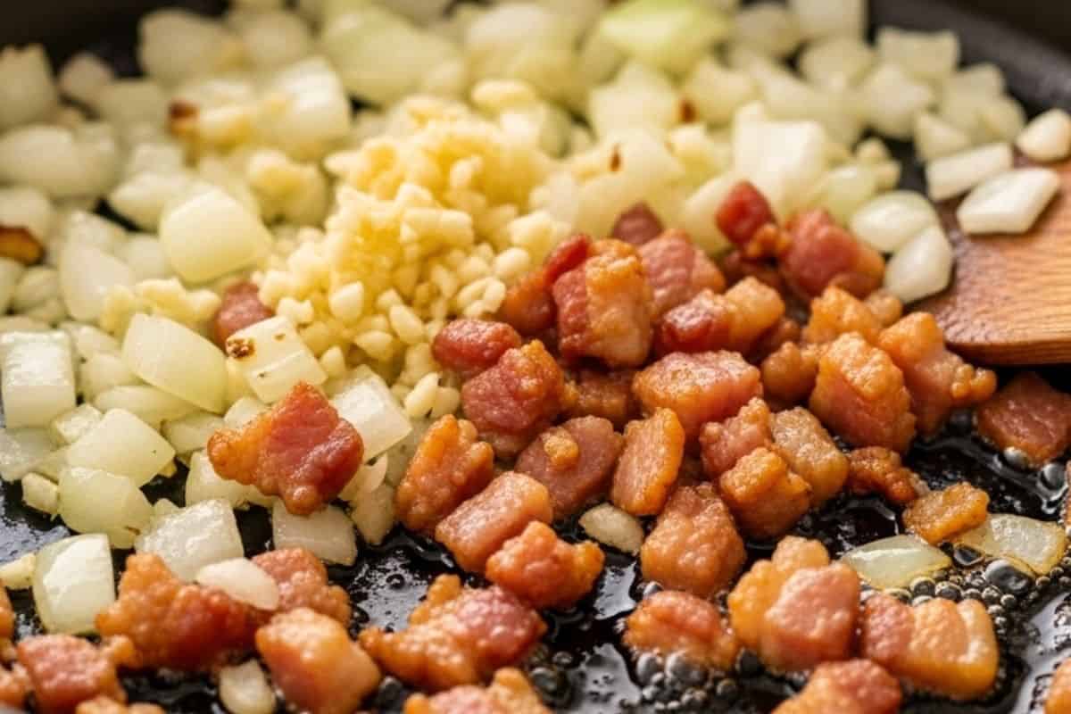 Add the onion and garlic into the pan.