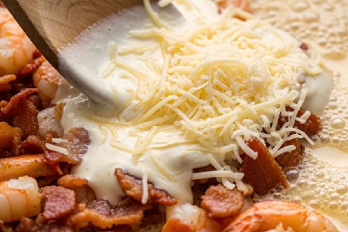 Pour in the half & half and add the parmesan cheese and simmer.