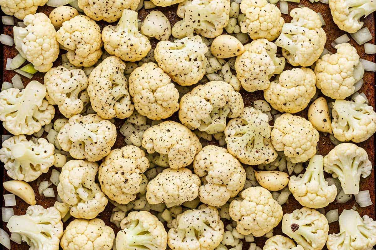 Cauliflower, onion, and garlic, seasoned with salt and pepper.