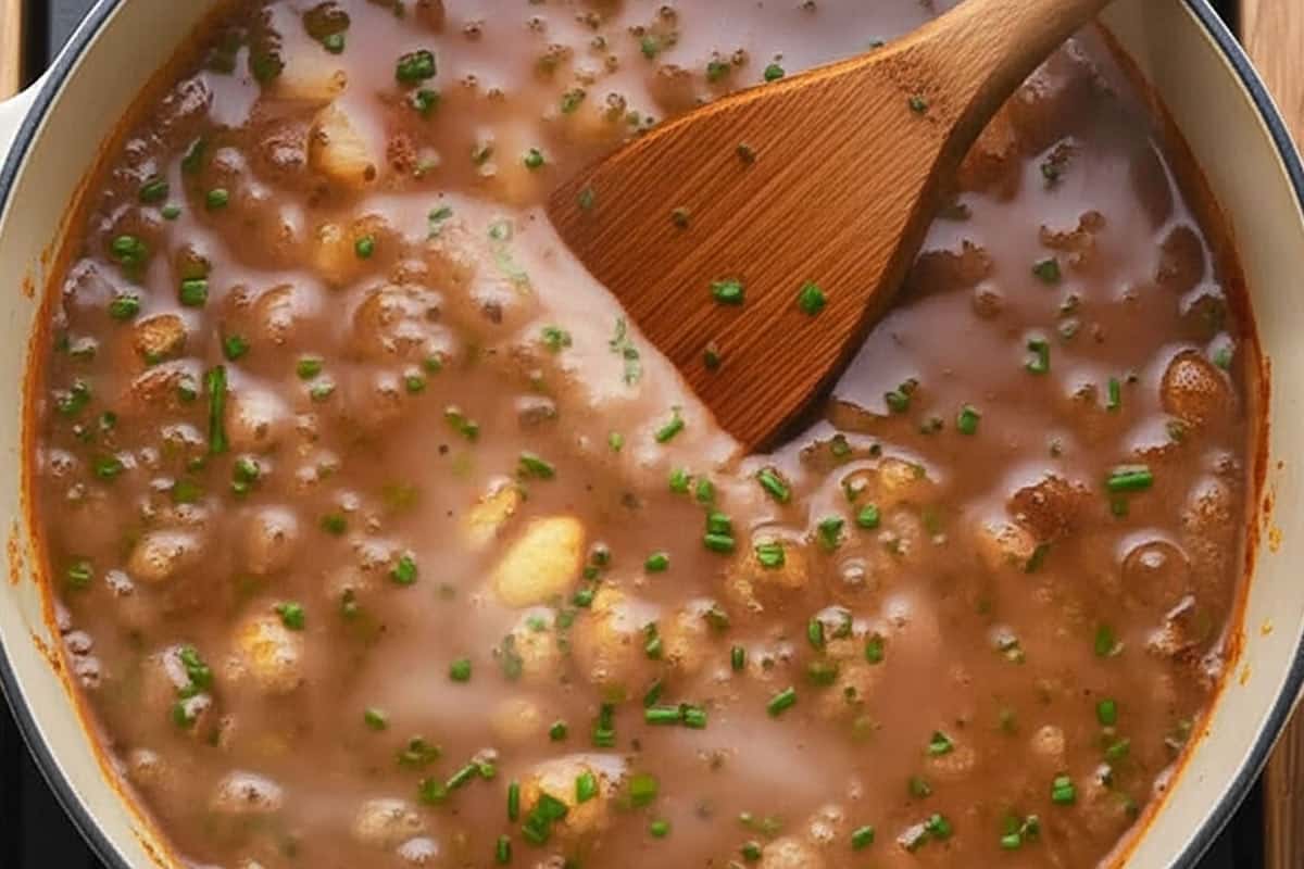 Stirring the soup using a wooden spoon.