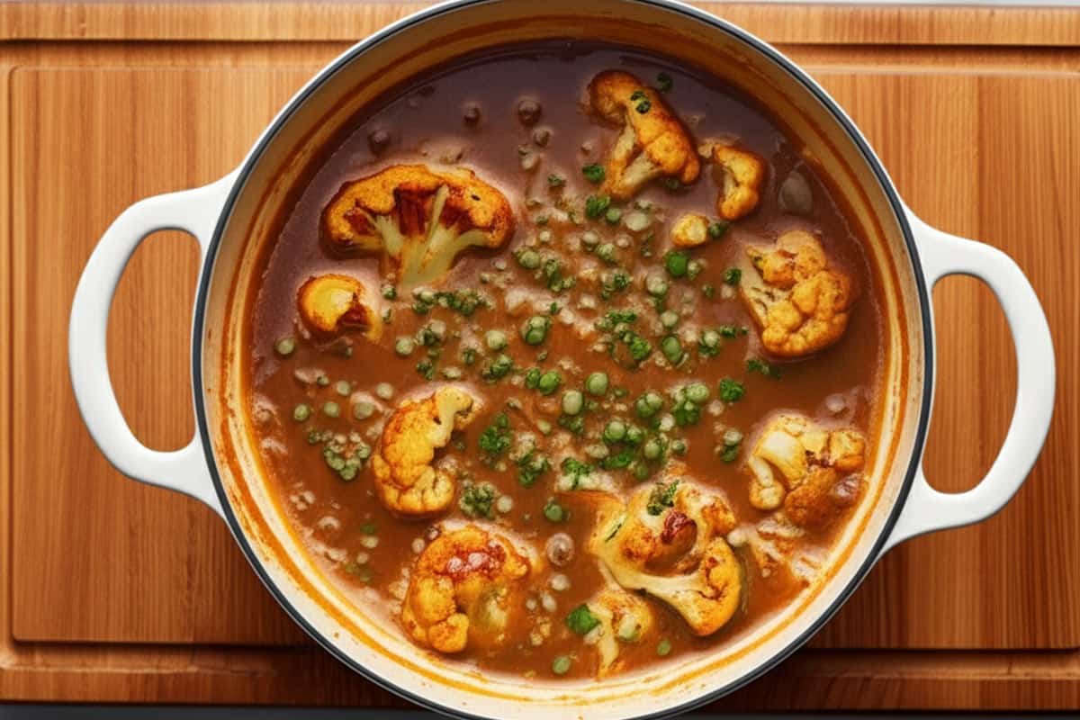 Pot with soup on a wooden board.