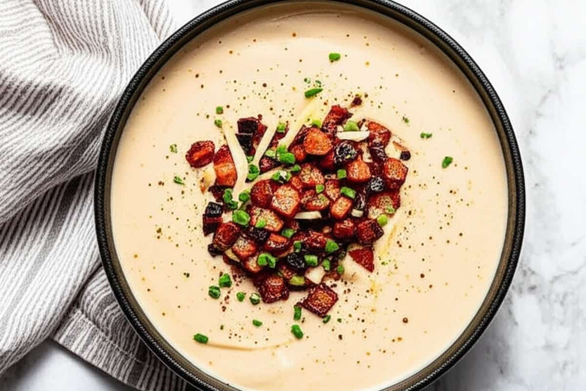 Cauliflower Soup in a bowl topped with crispy bacon, shredded cheese, and a sprinkle of chives.