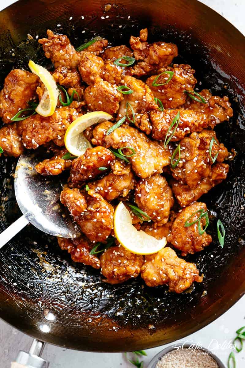 Chinese Lemon Chicken with an irresistibly sticky, sweet and sour Chinese lemon sauce | cafedelites.com