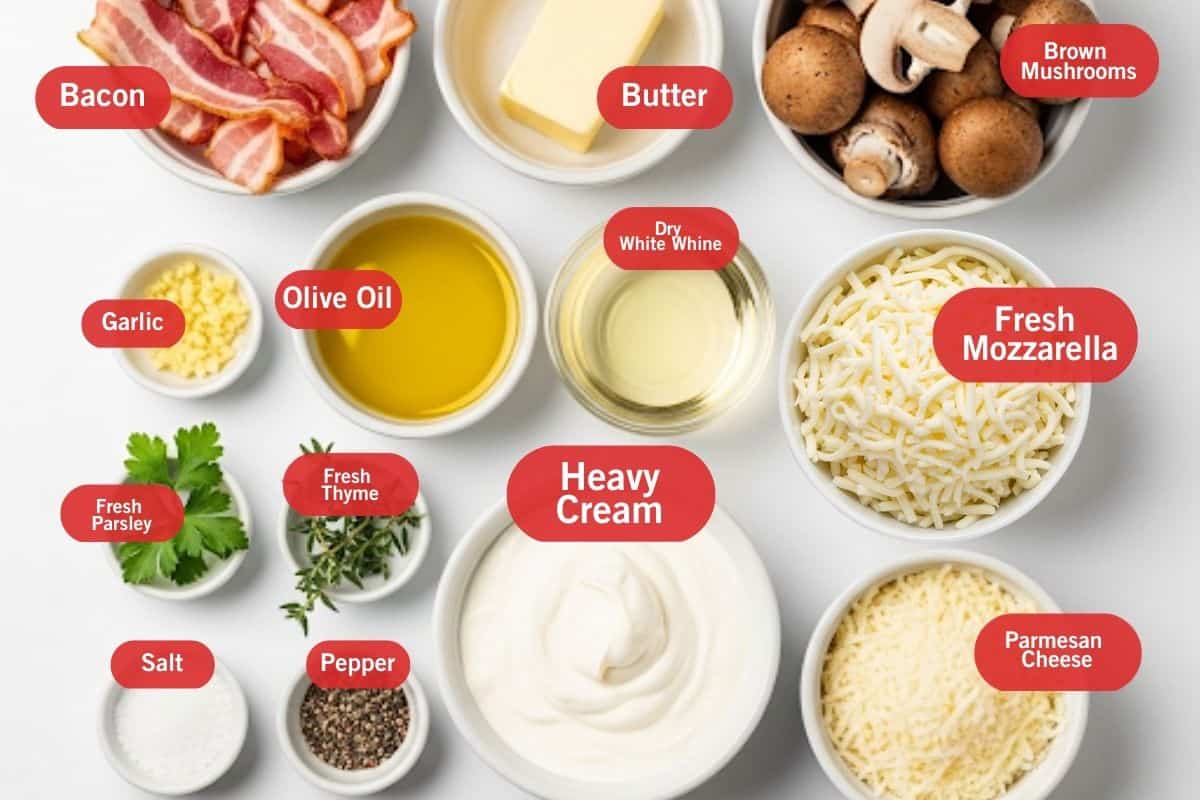 Flat lay photo of ingredient shot of bacon, butter, brown mushrooms, garlic, olive oil, dry white whine, fresh mozzarella, fresh parsley, fresh thyme, heavy cream, parmesan cheese, salt and pepper