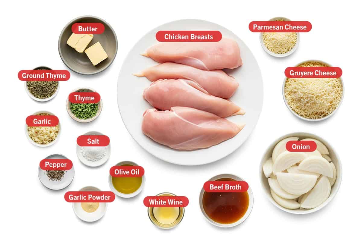Top shot of ingredients: Butter, ground thyme, thyme, garlic, salt, pepper, olive oil, garlic powder, white wine, beef broth, onion, gruyere cheese, parmesan cheese, and chicken breasts.