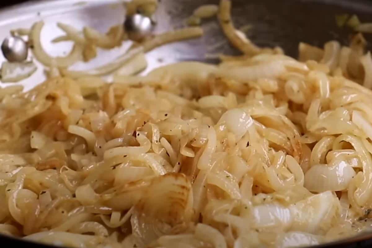 Slowly caramelizing the onions.