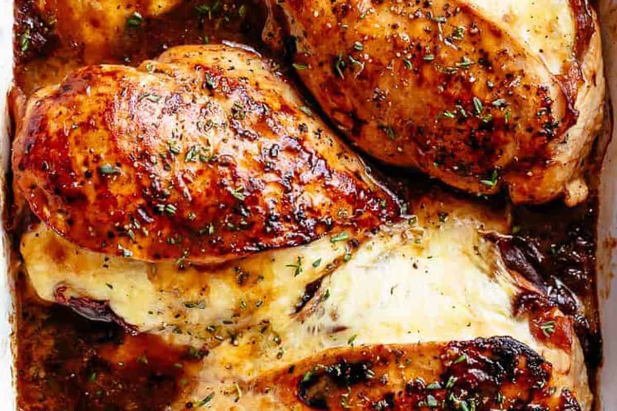 Close-up shot of French Onion Chicken Casserole.