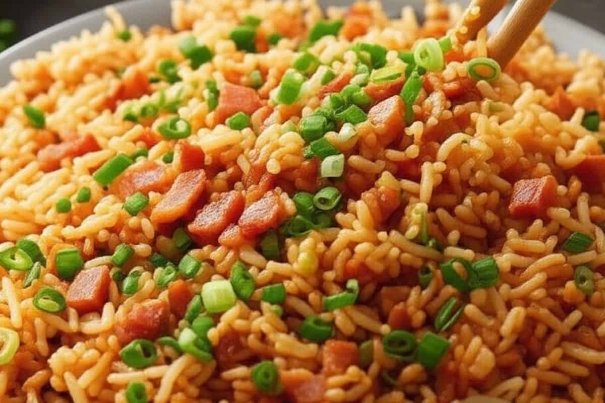 sprinkle the fried rice with sliced green onions. served with homemade fried bacon from the pan