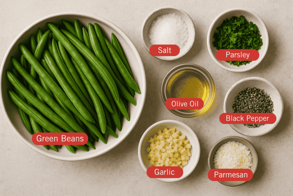 A labeled flatlay image showing individual bowls of ingredients for garlic green beans on a light surface. The ingredients include fresh green beans in a large bowl, and smaller bowls of salt, chopped parsley, olive oil, black pepper, finely chopped garlic, and grated parmesan cheese.