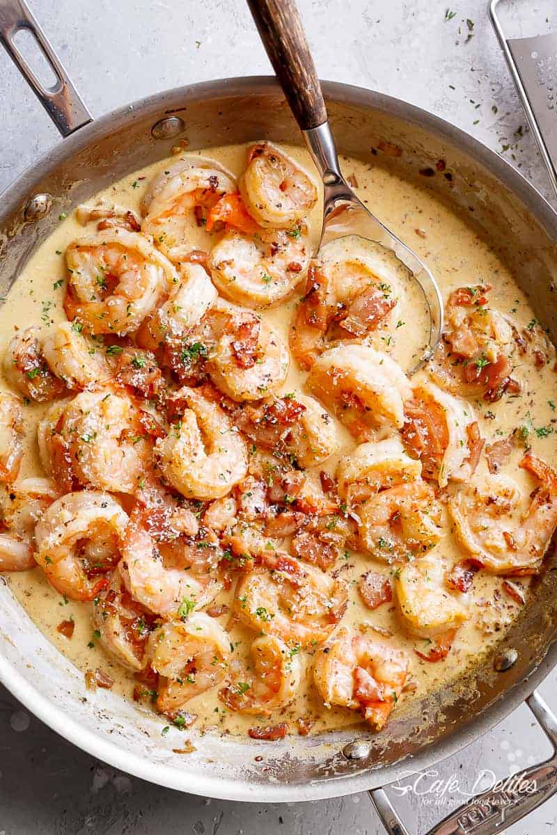 Carbonara inspired Bacon Shrimp Alfredo is a restaurant-quality shrimp recipe made right at home in less than 10 minutes. | cafedelites.com
