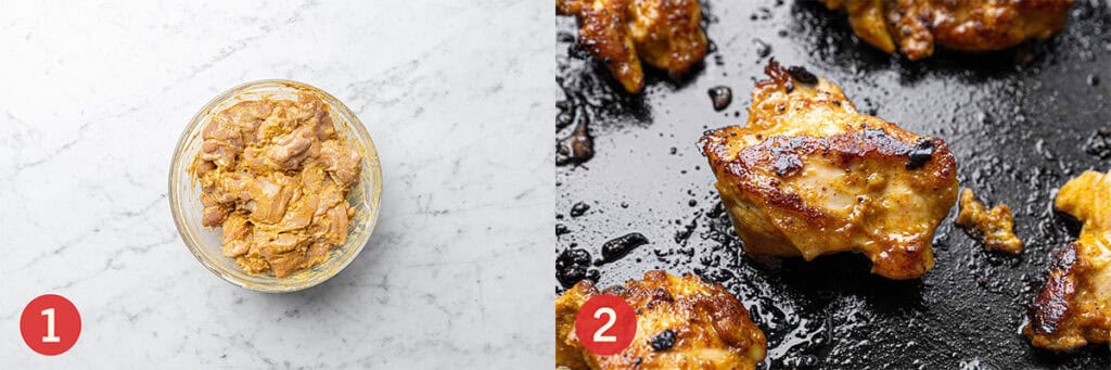 image 1 is marinated chicken in a bowl and image 2 is fried chicken