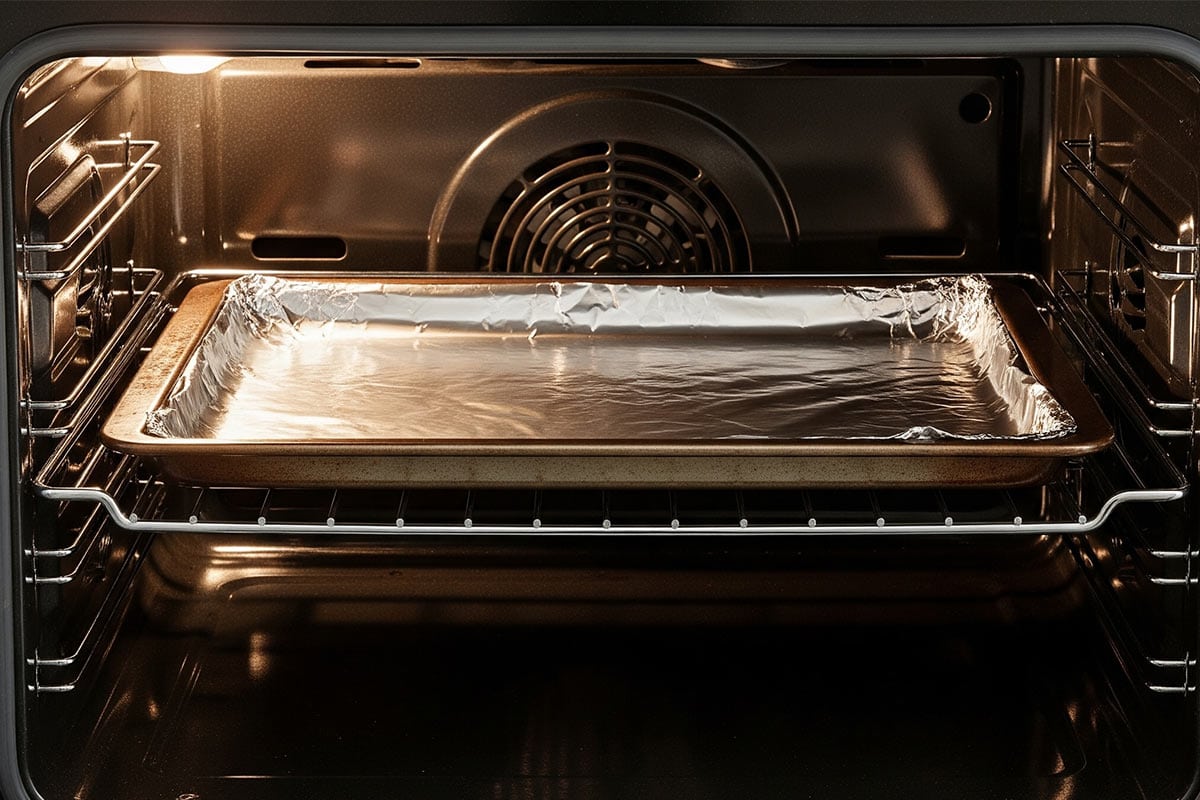 Baking sheet with foil inside the oven.