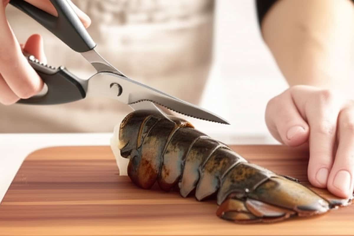 Hand with kitchen shears cutting through the top shell of the lobster tail.