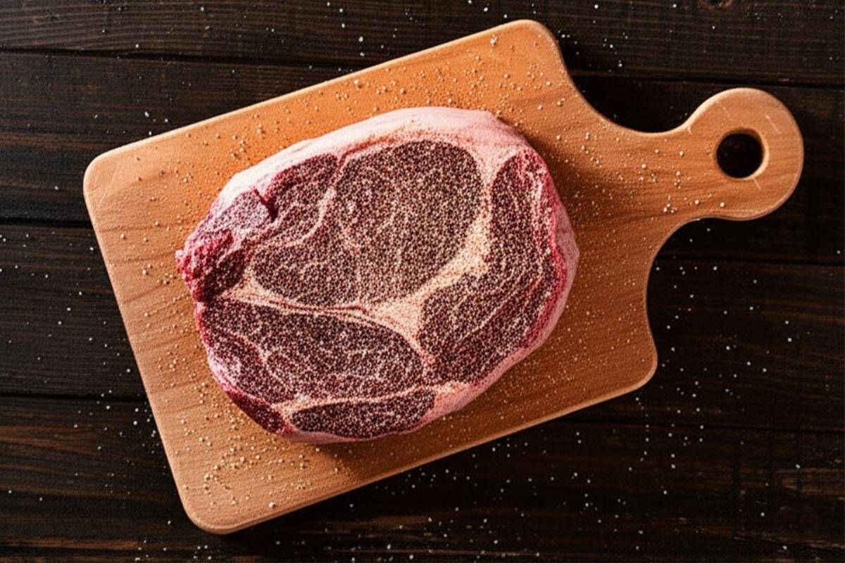 Chuck roast seasoned with salt, pepper, and garlic powder.