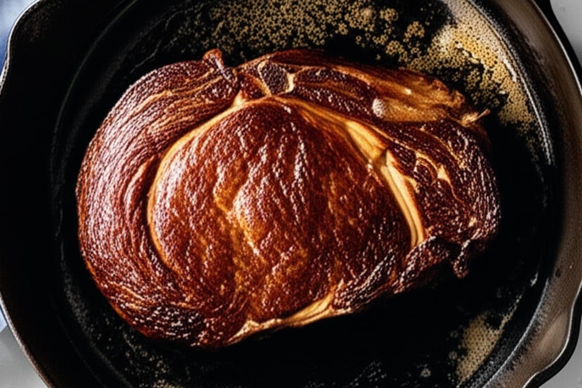 Seared meat in a large skillet.