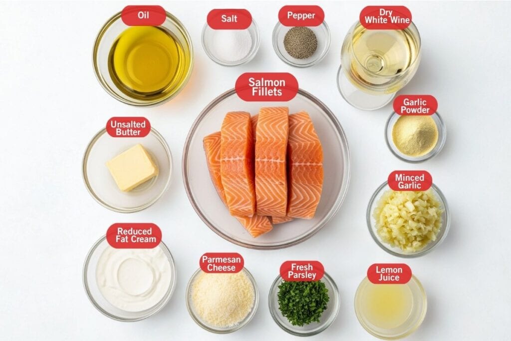 Flatlay image of ingredients for Garlic Butter Salmon, each in a separate glass bowl arranged around a central bowl of raw salmon fillets. Ingredients include olive oil, salt, black pepper, dry white wine, garlic powder, minced garlic, lemon juice, fresh chopped parsley, grated parmesan cheese, reduced fat cream, unsalted butter, and salmon fillets.