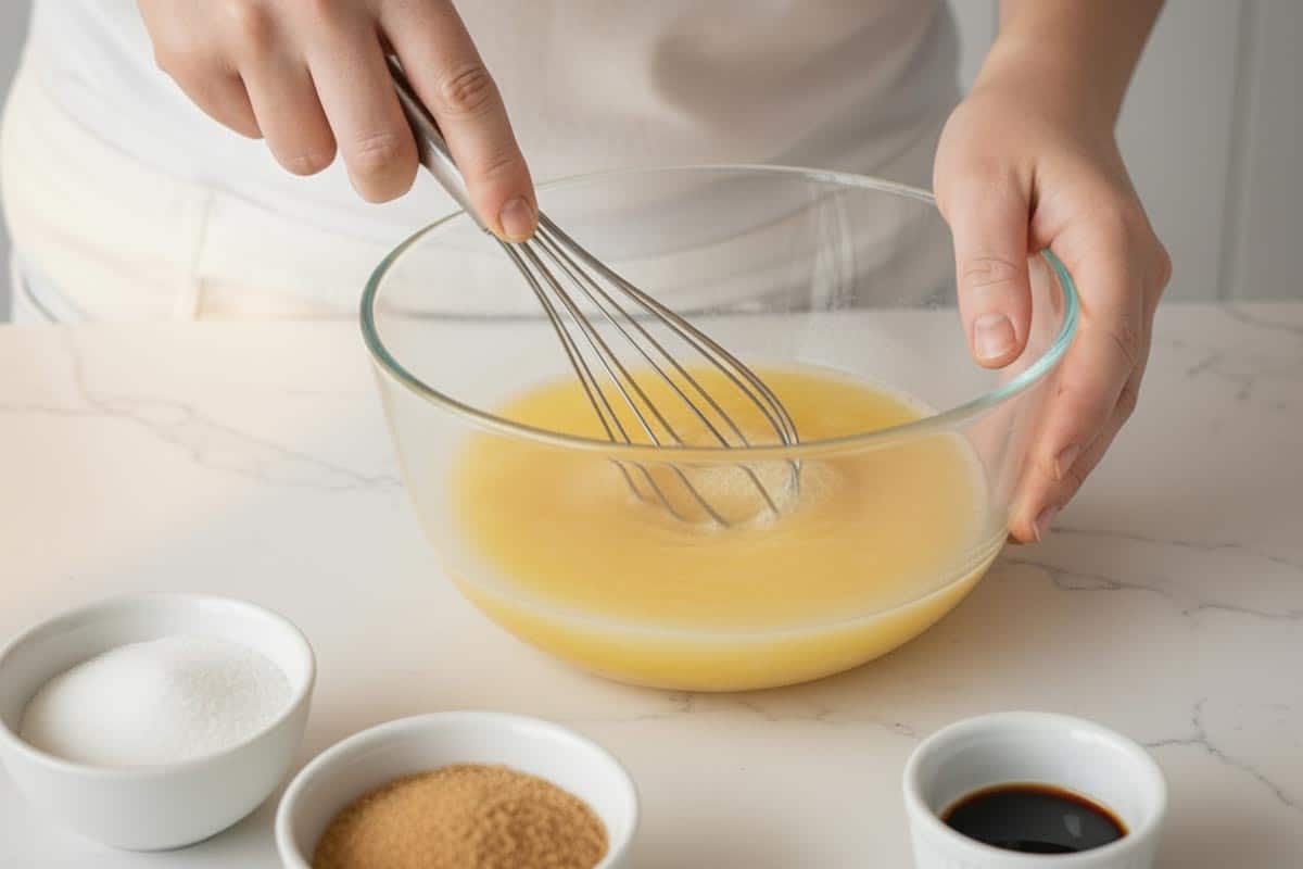 Whisking the egg.