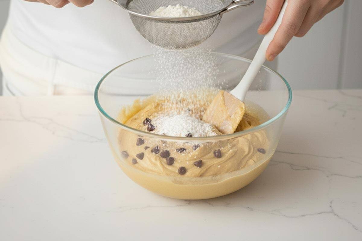Sifting in the flour in the bowl with egg mixture and chocolate chips.