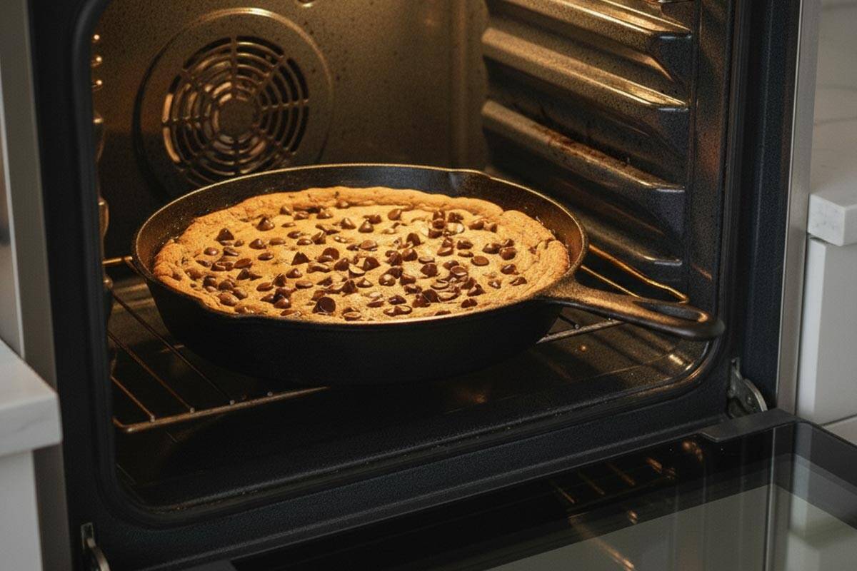 Baking the batter with chocolate chips.