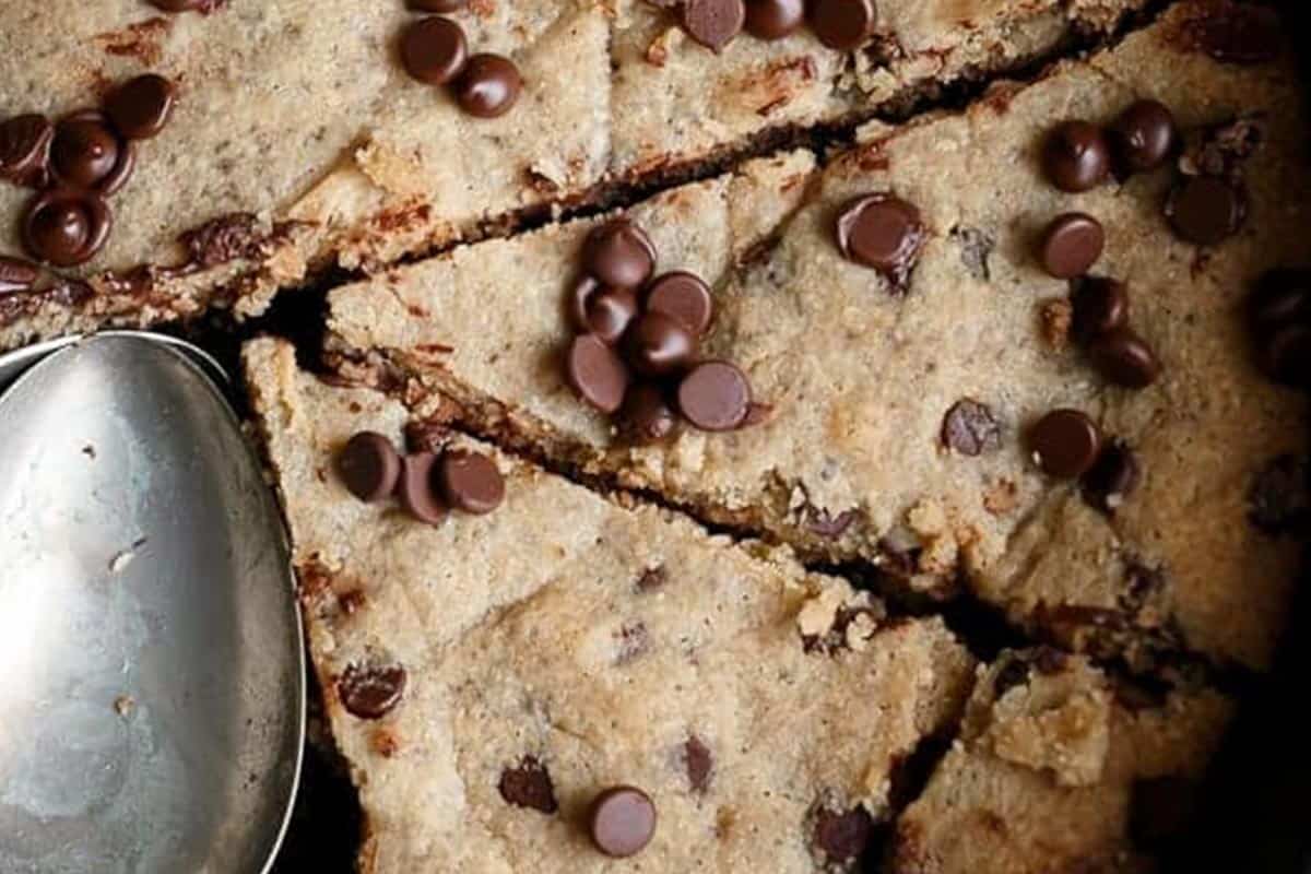 Close-up shot of Low Carb Browned Butter Skillet Chocolate Chip Cookie.