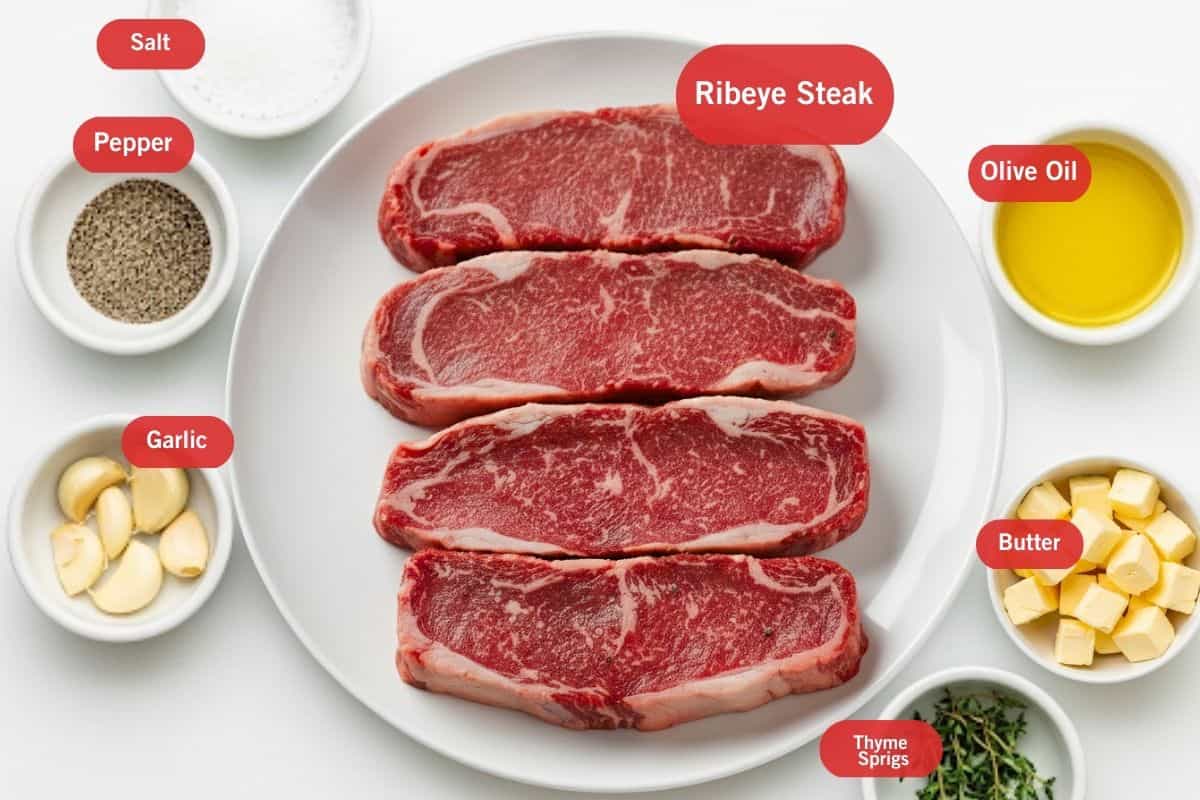 Flat lay photo of ingredient shot of ribeye steak, salt, Peppe, garlic, thyme sprigs, olive oil, butter