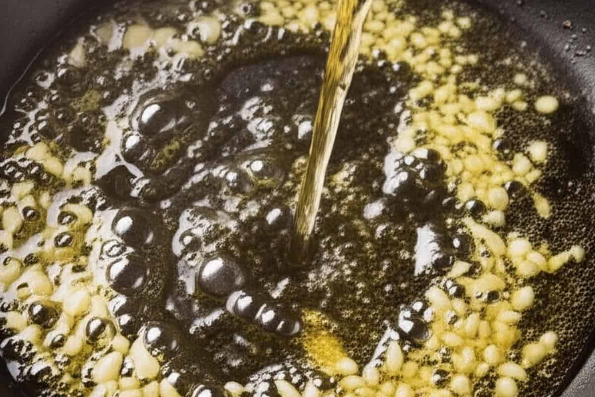 Pour the wine in the skillet and let it simmer.